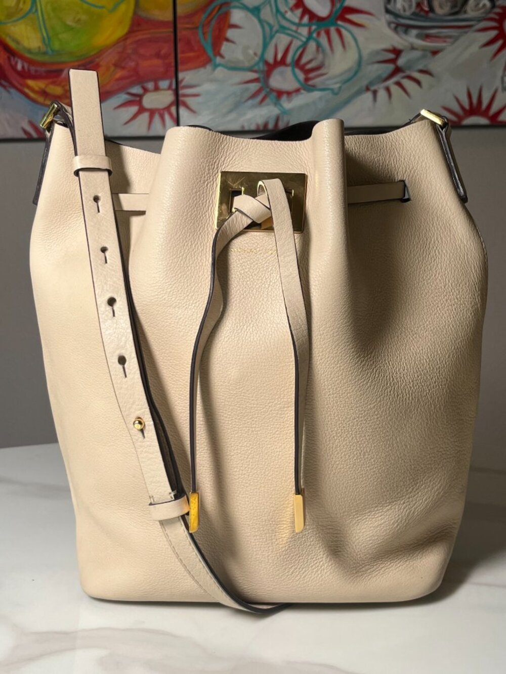 Michael Kors Mercer Cream Pebbled Leather Bucket Bag